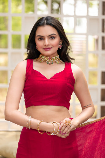 "Cherry Chiffon Saree with Embellished Border – Available Now"