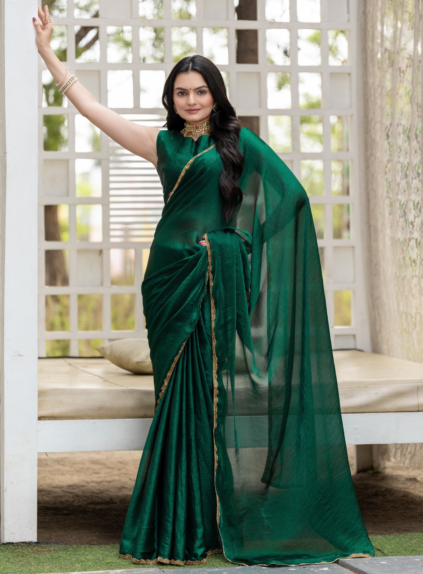 Bottle Green Chiffon Bollywood Saree with Embellished Border