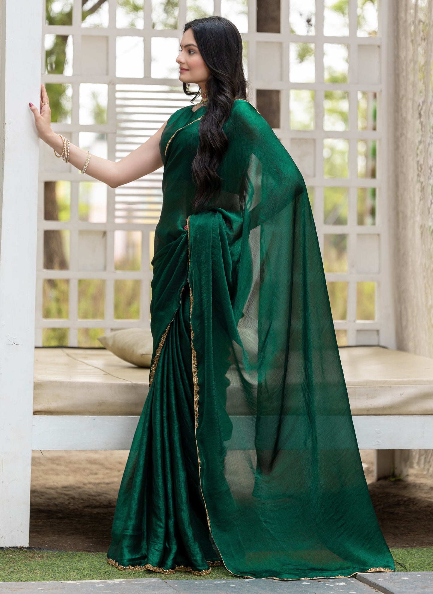 Bottle Green Chiffon Bollywood Saree with Embellished Border