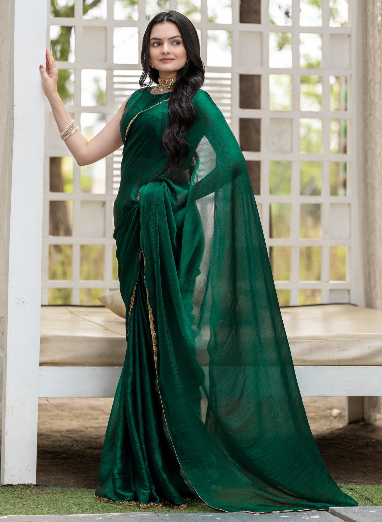 Bottle Green Chiffon Bollywood Saree with Embellished Border