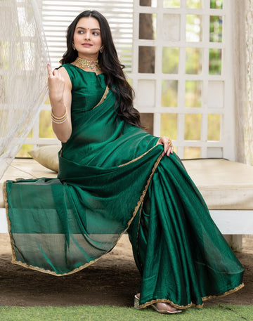 "Bottle Green Chiffon Bollywood Saree with Embellished Border – Available"