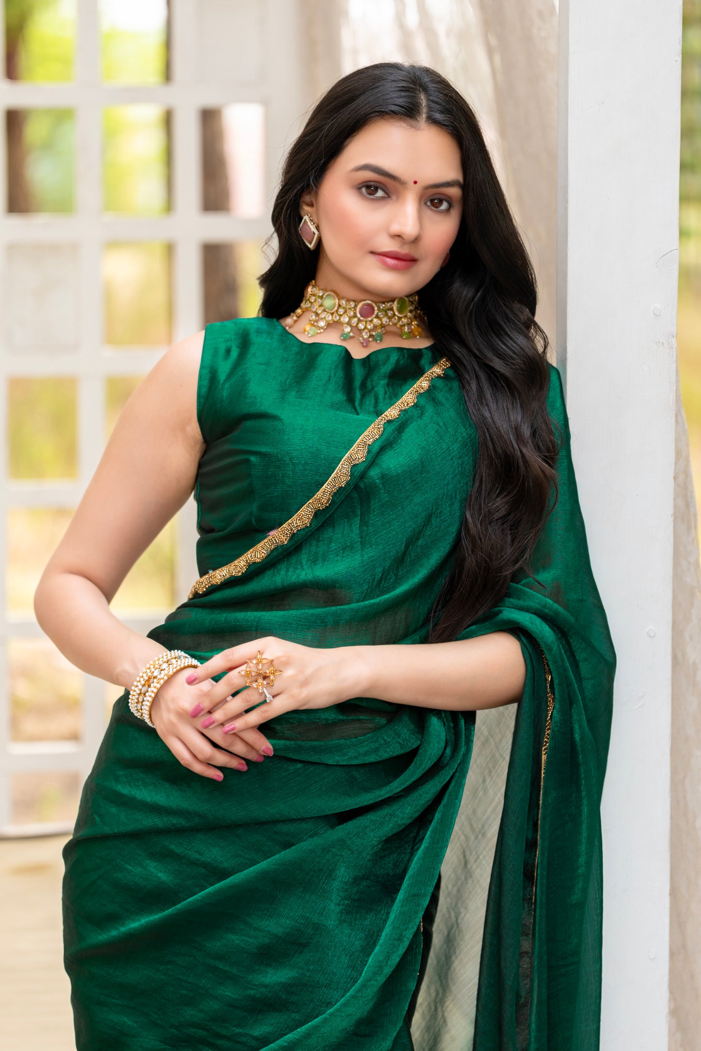 Bottle Green Chiffon Bollywood Saree with Embellished Border