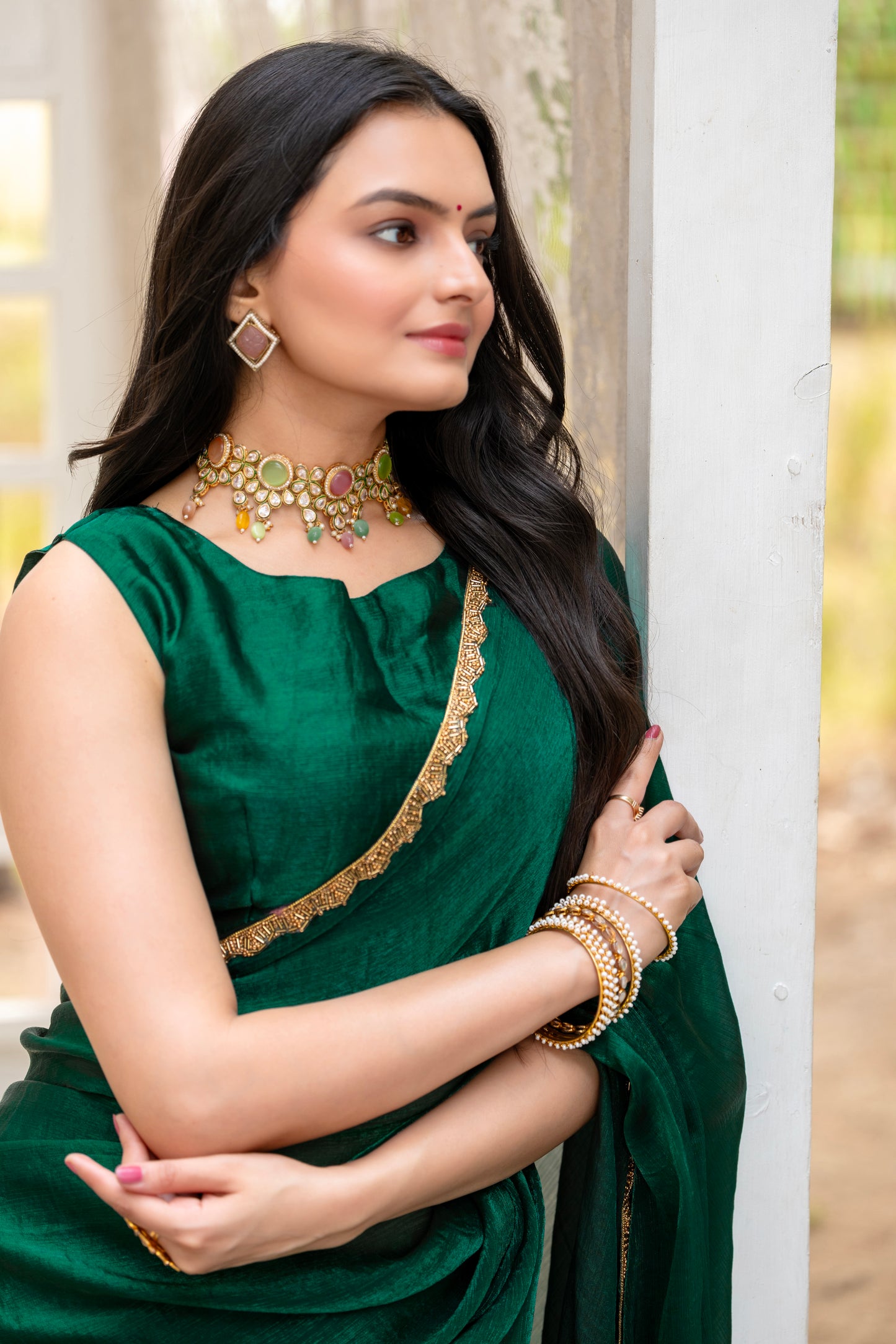 Bottle Green Chiffon Bollywood Saree with Embellished Border