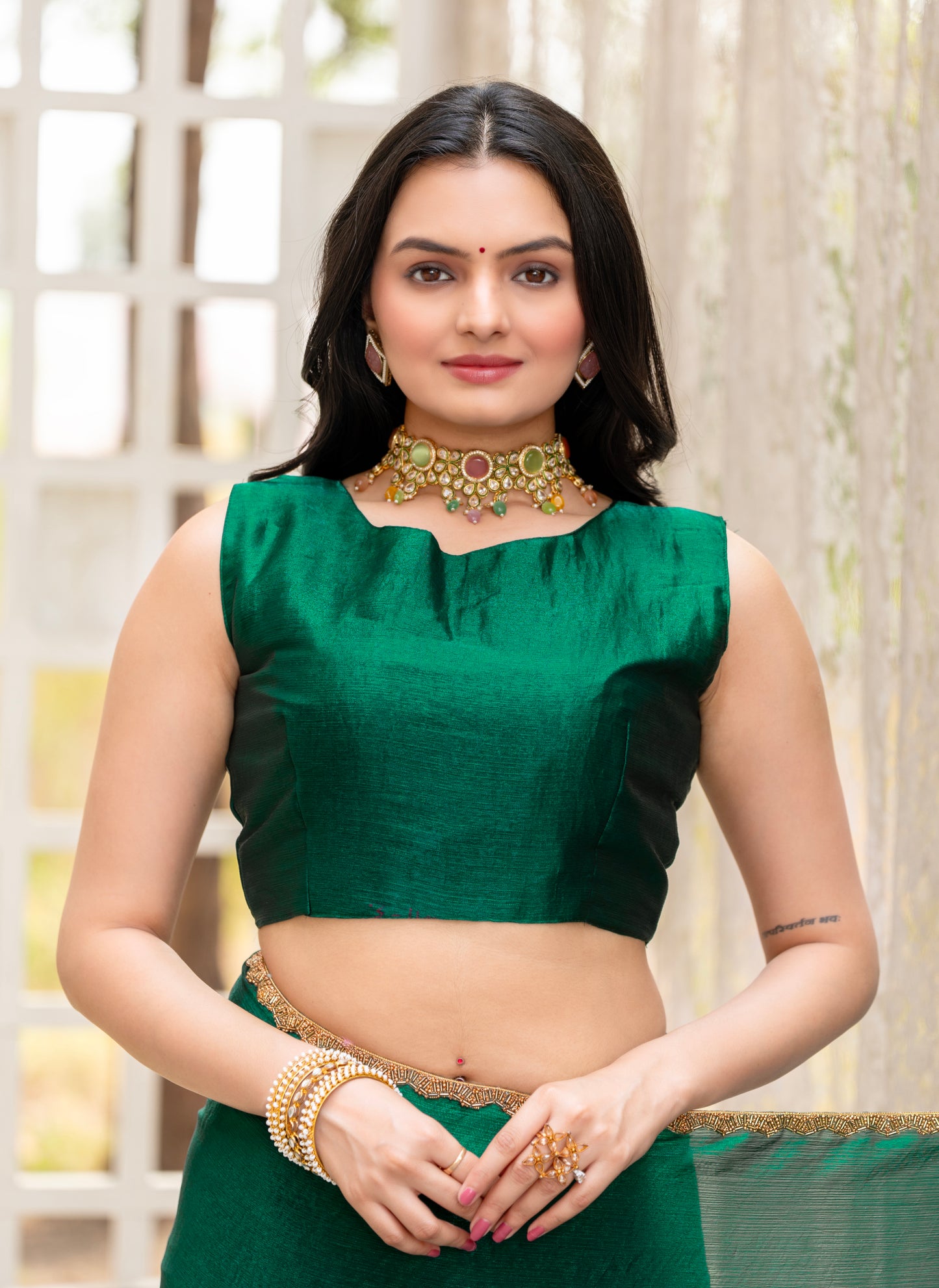 Bottle Green Chiffon Bollywood Saree with Embellished Border
