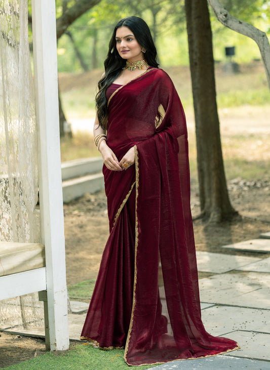 "Maroon Chiffon Saree with Stylish Embellished Border – Available"