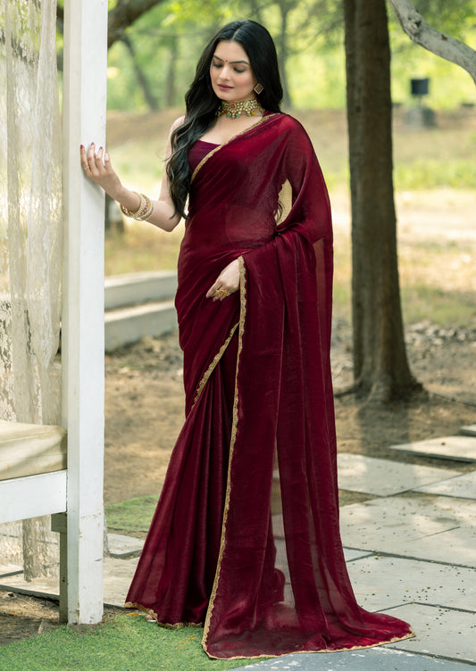 Maroon Chiffon Bollywood Saree with Embellished Border