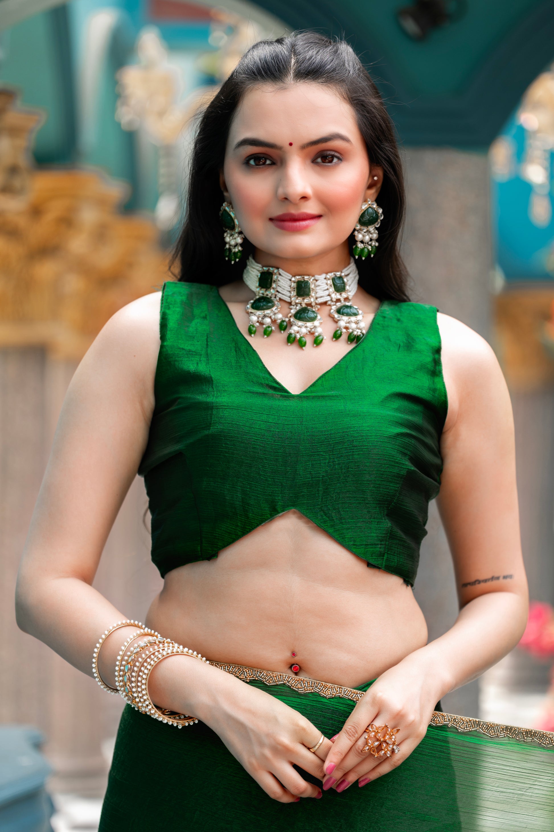 "Green Chiffon Saree with Embellished Border – Available"