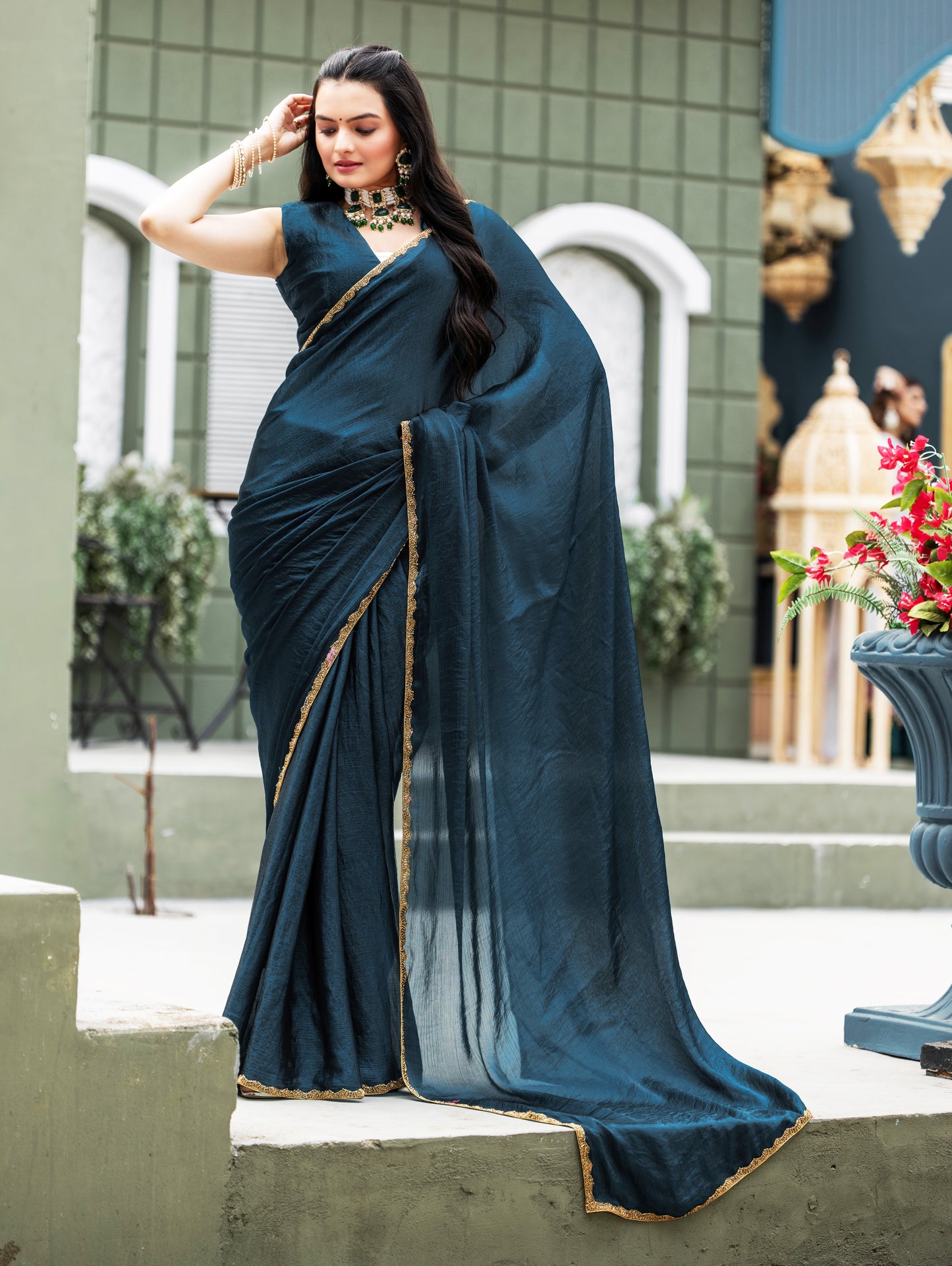 Morpich Chiffon Bollywood Saree with Embellished Border