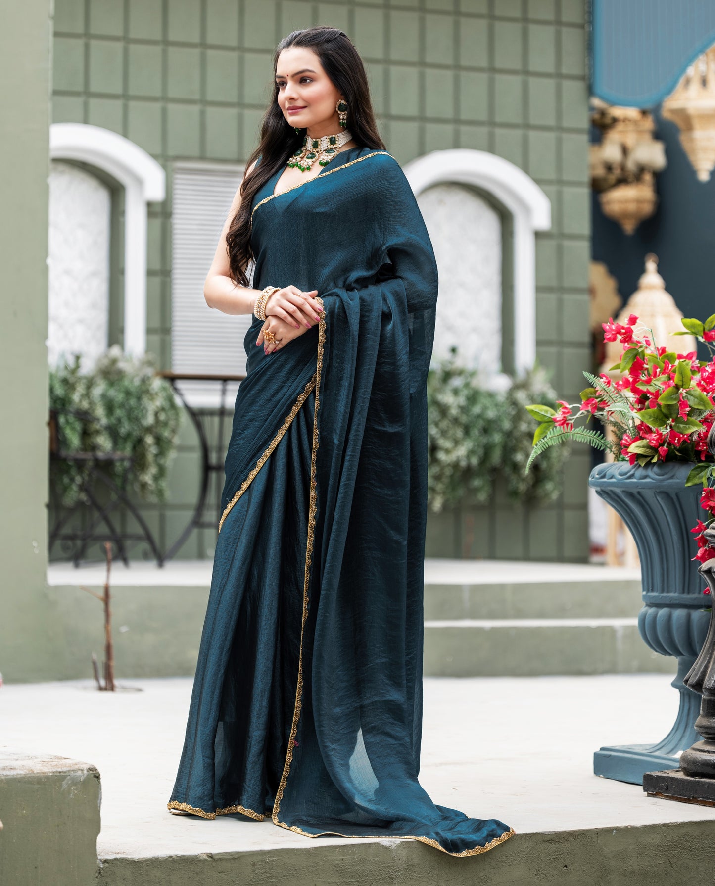 Morpich Chiffon Bollywood Saree with Embellished Border