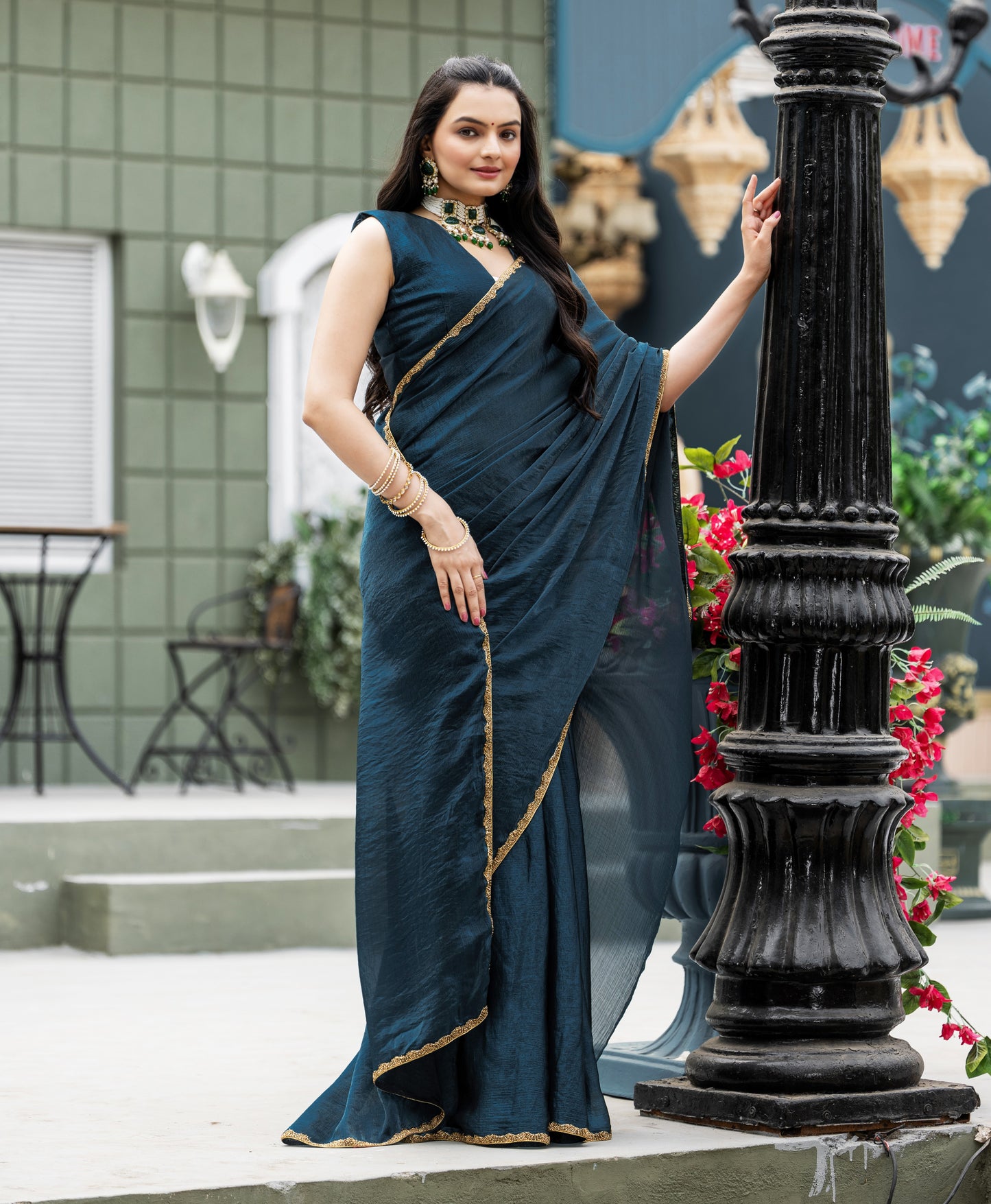 Morpich Chiffon Bollywood Saree with Embellished Border