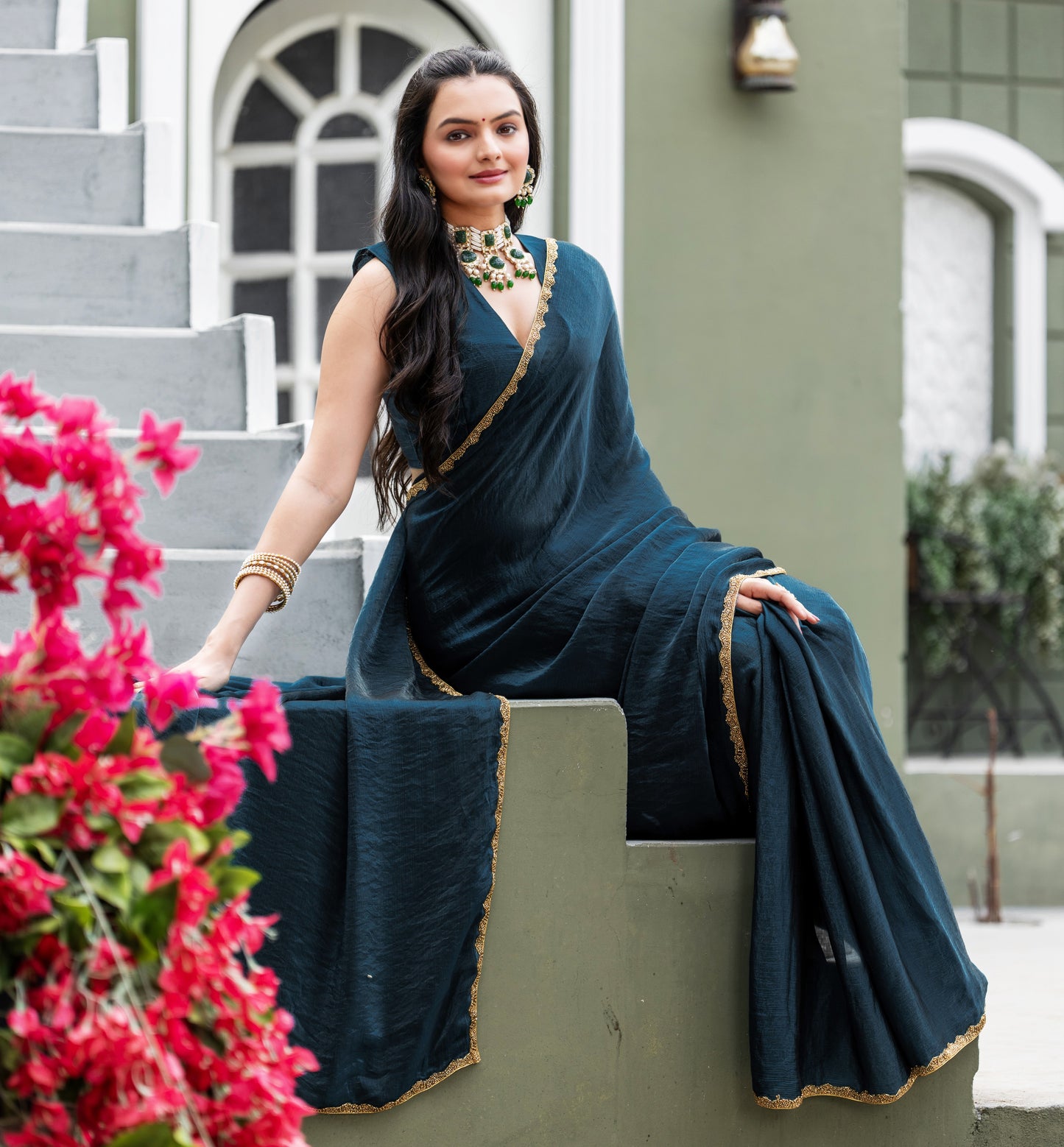 Morpich Chiffon Bollywood Saree with Embellished Border