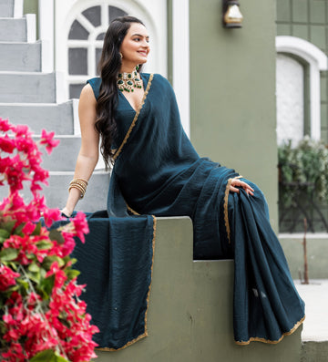"Morpich Chiffon Saree with Embellished Border – Available"