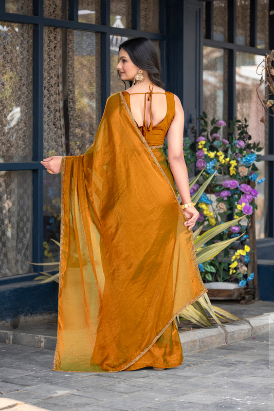 Gold Chiffon Bollywood Saree with Embellished Border