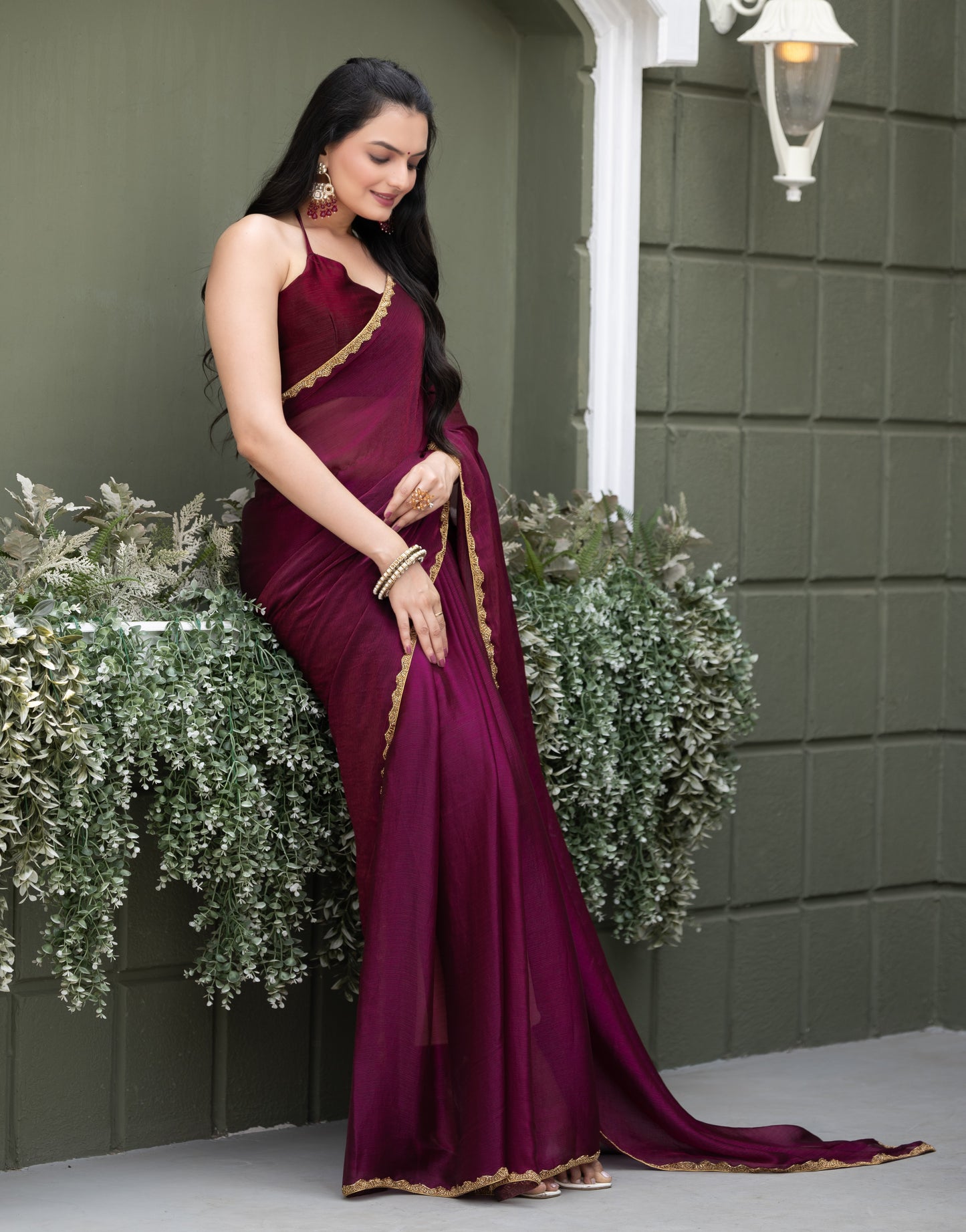 Wine Chiffon Bollywood Saree with Embellished Border