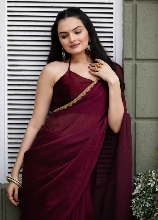 "Wine Chiffon Bollywood Saree with Embellished Detailing – Available"