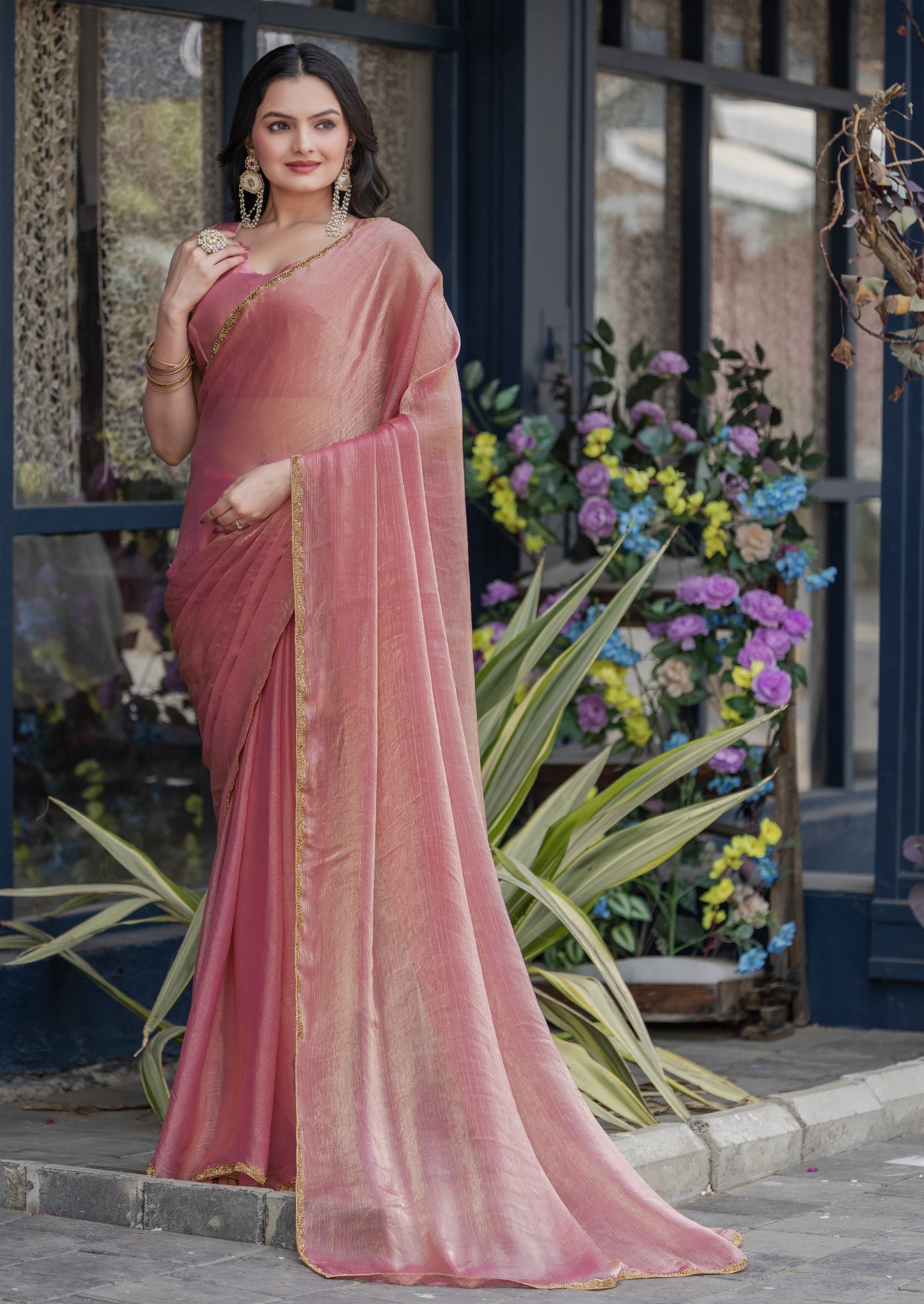 Pink Chiffon Bollywood Saree with Embellished Border