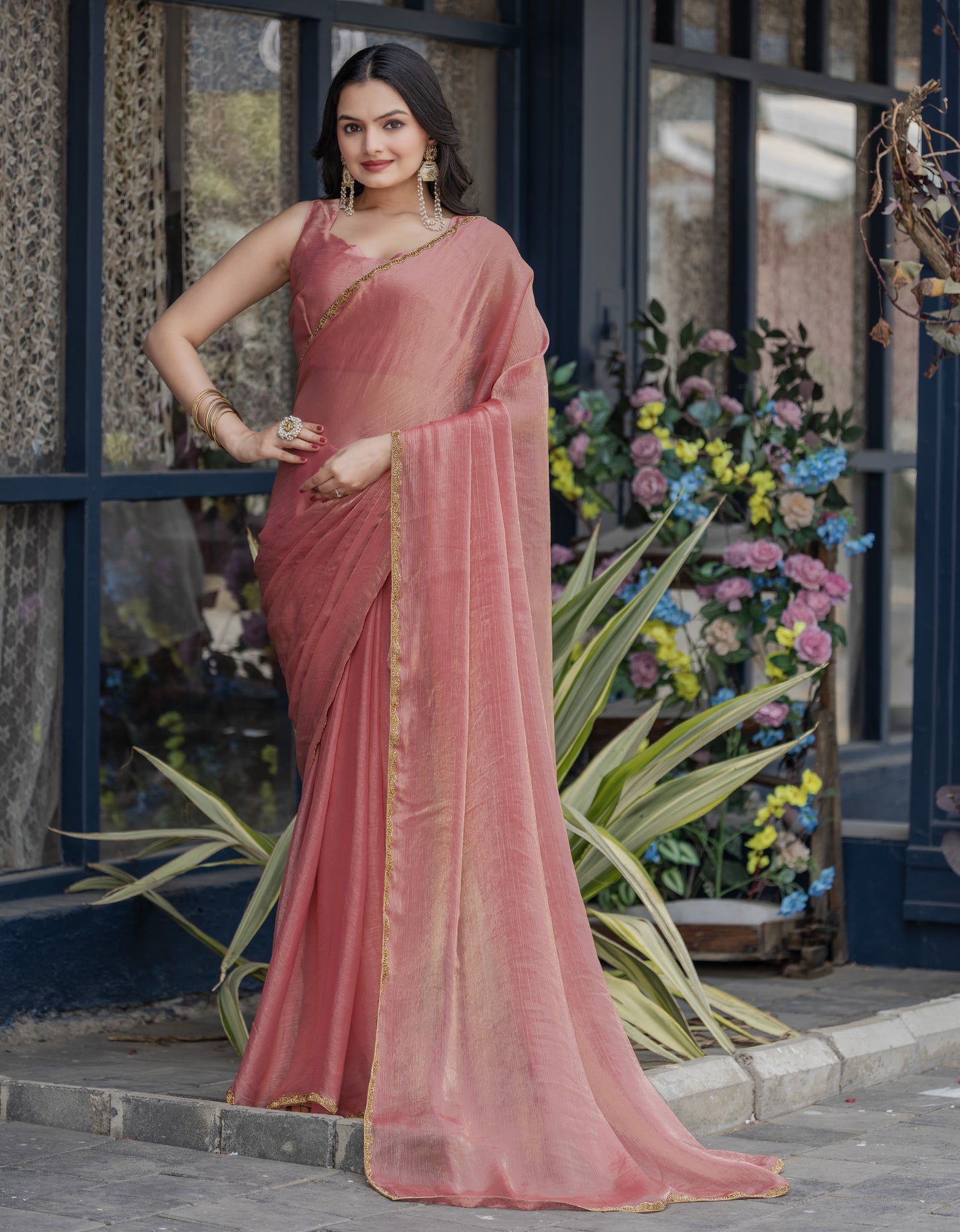 Pink Chiffon Bollywood Saree with Embellished Border