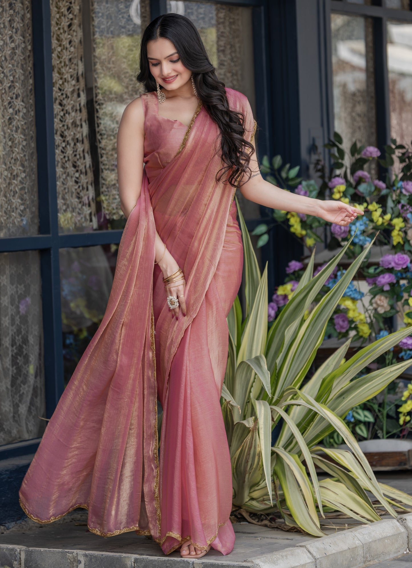 Pink Chiffon Bollywood Saree with Embellished Border