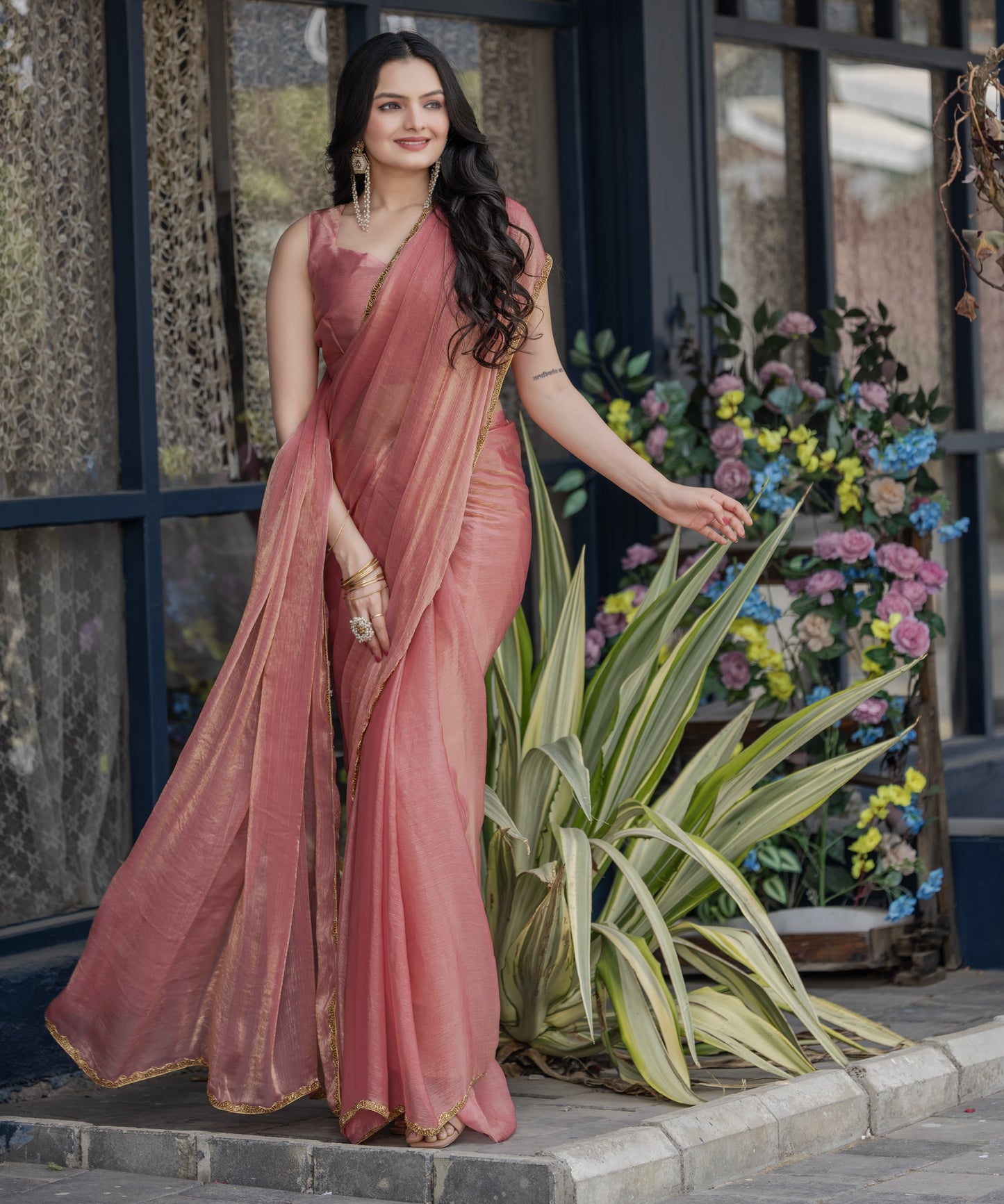 Pink Chiffon Bollywood Saree with Embellished Border