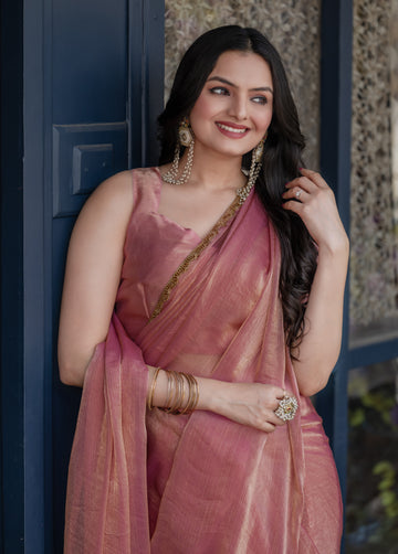 "Pink Chiffon Bollywood Saree with Embellished Details – Available"