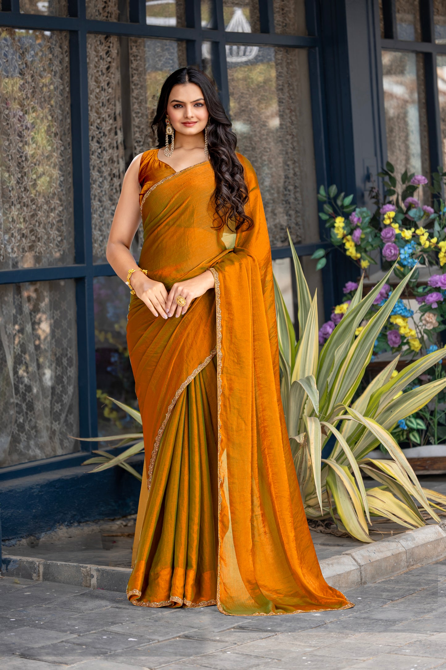 Gold Chiffon Bollywood Saree with Embellished Border