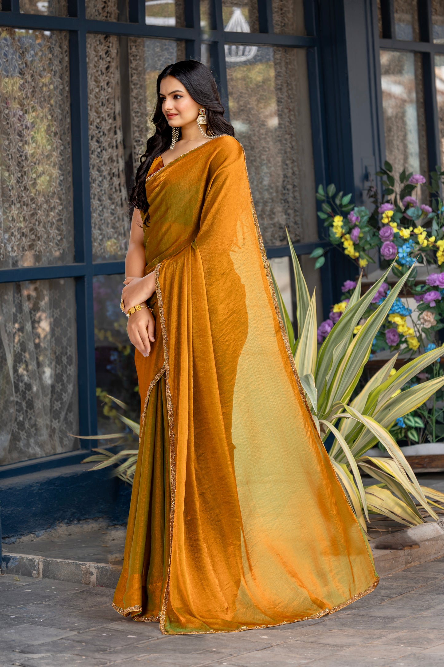 Gold Chiffon Bollywood Saree with Embellished Border