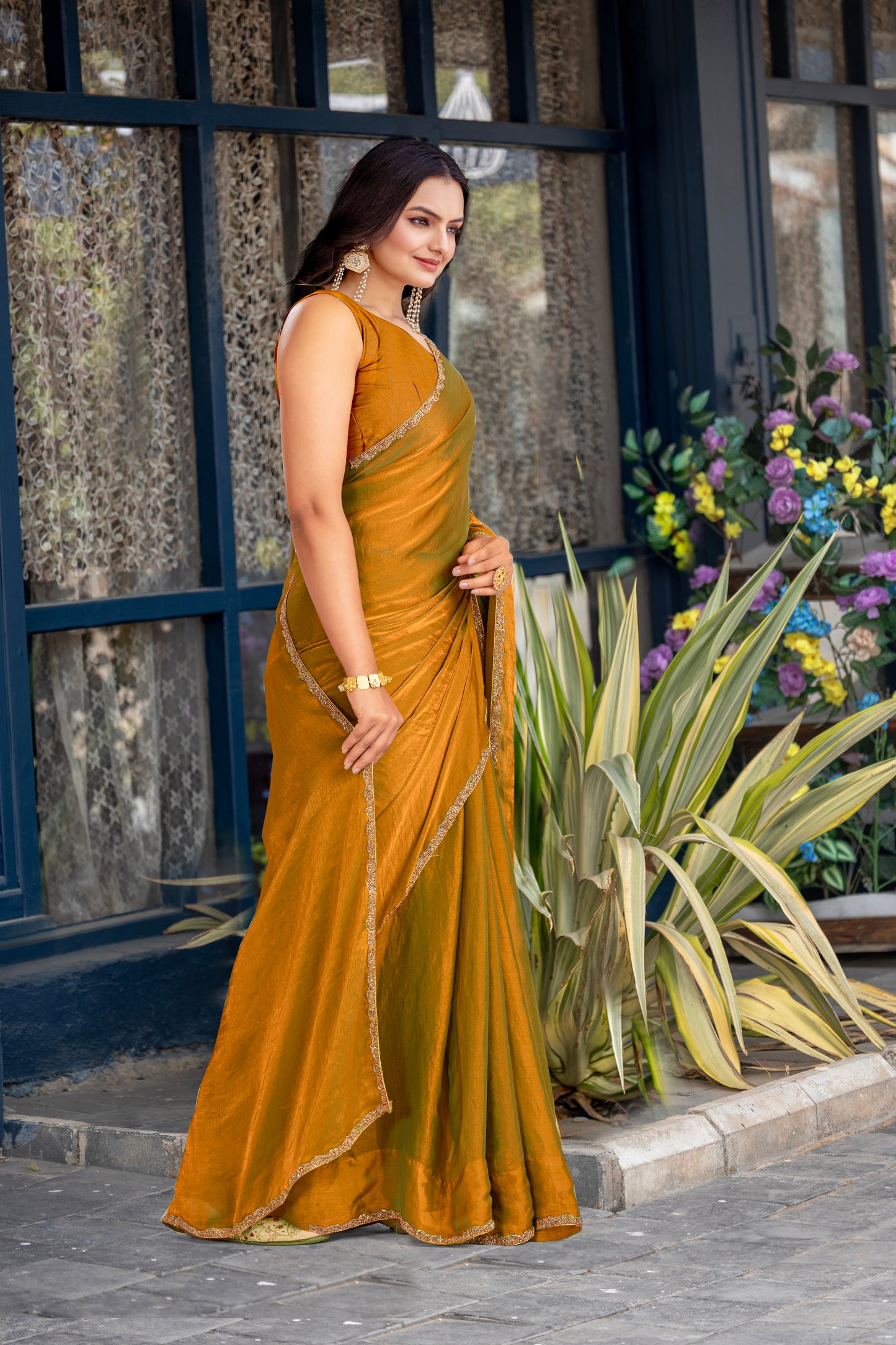 Gold Chiffon Bollywood Saree with Embellished Border