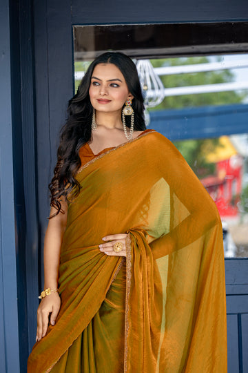 Gold Chiffon Bollywood Saree with Embellished Border
