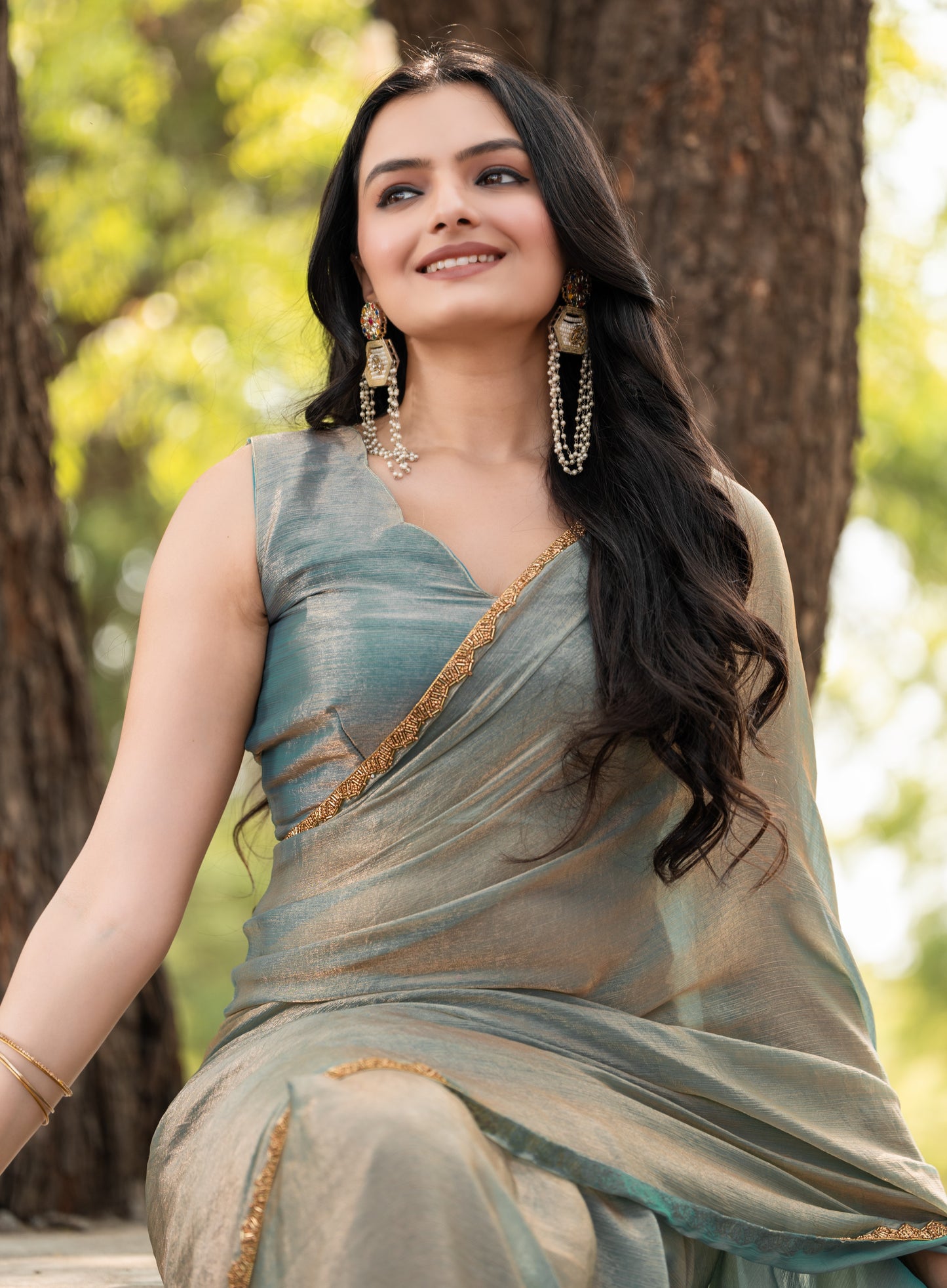 Sky Blue Chiffon Bollywood Saree with Embellished Border