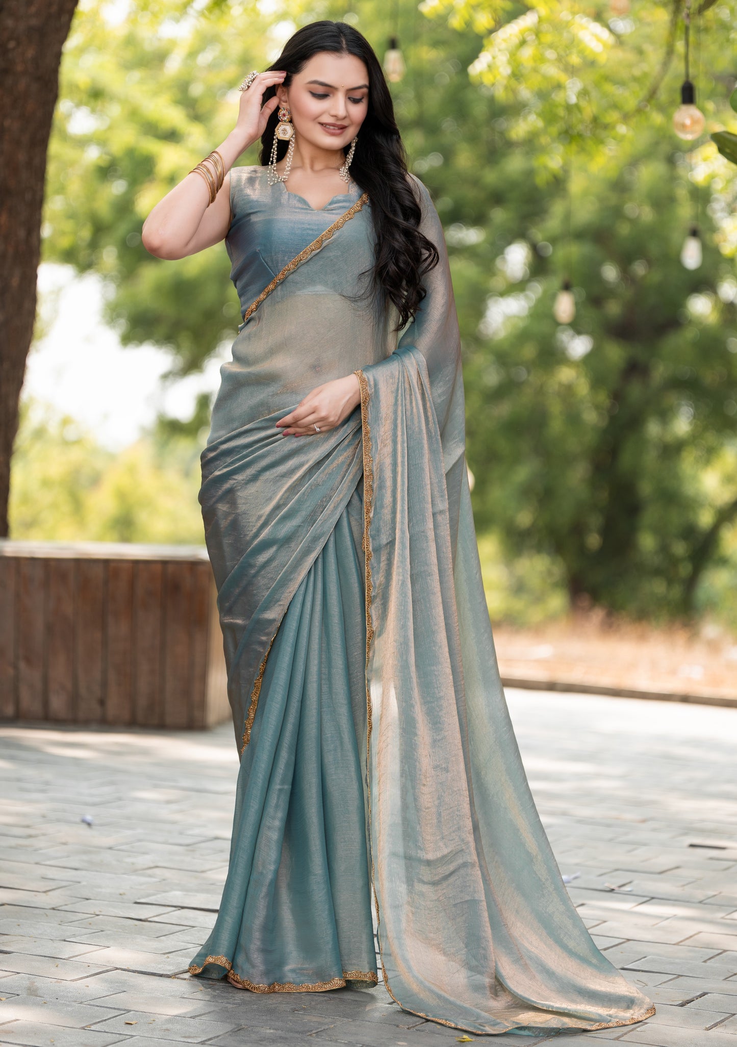 Sky Blue Chiffon Bollywood Saree with Embellished Border