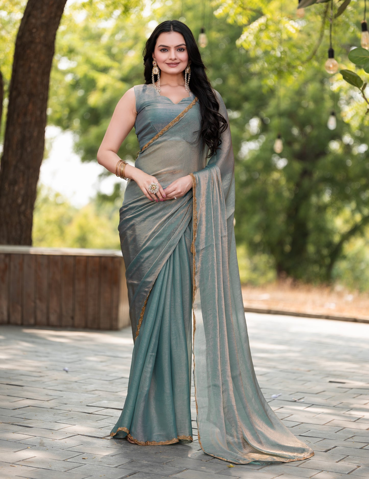 Sky Blue Chiffon Bollywood Saree with Embellished Border