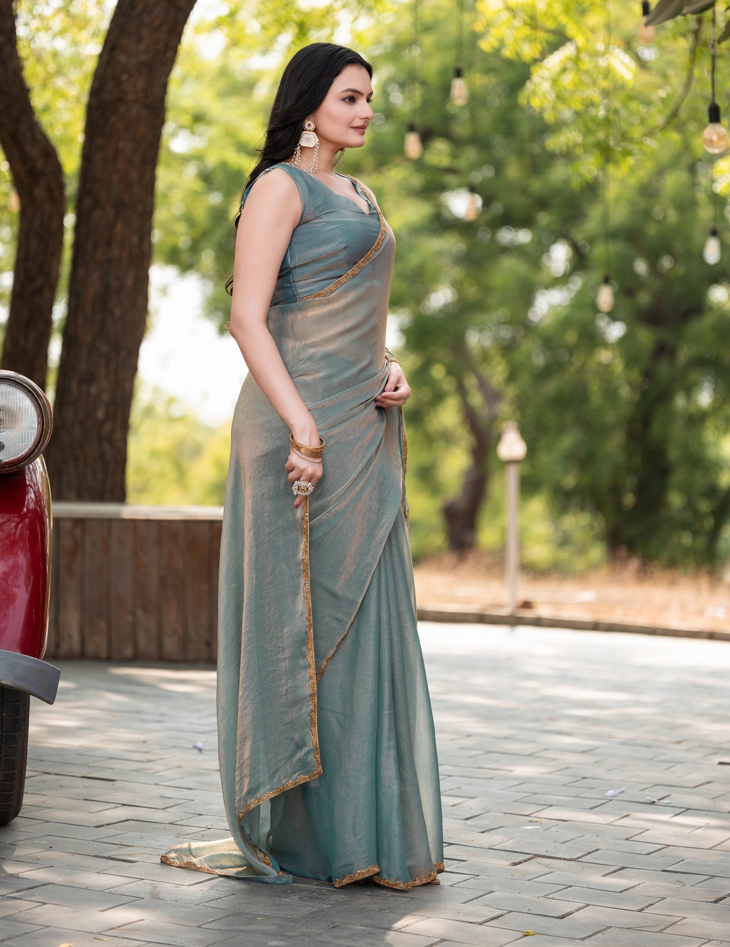 Sky Blue Chiffon Bollywood Saree with Embellished Border