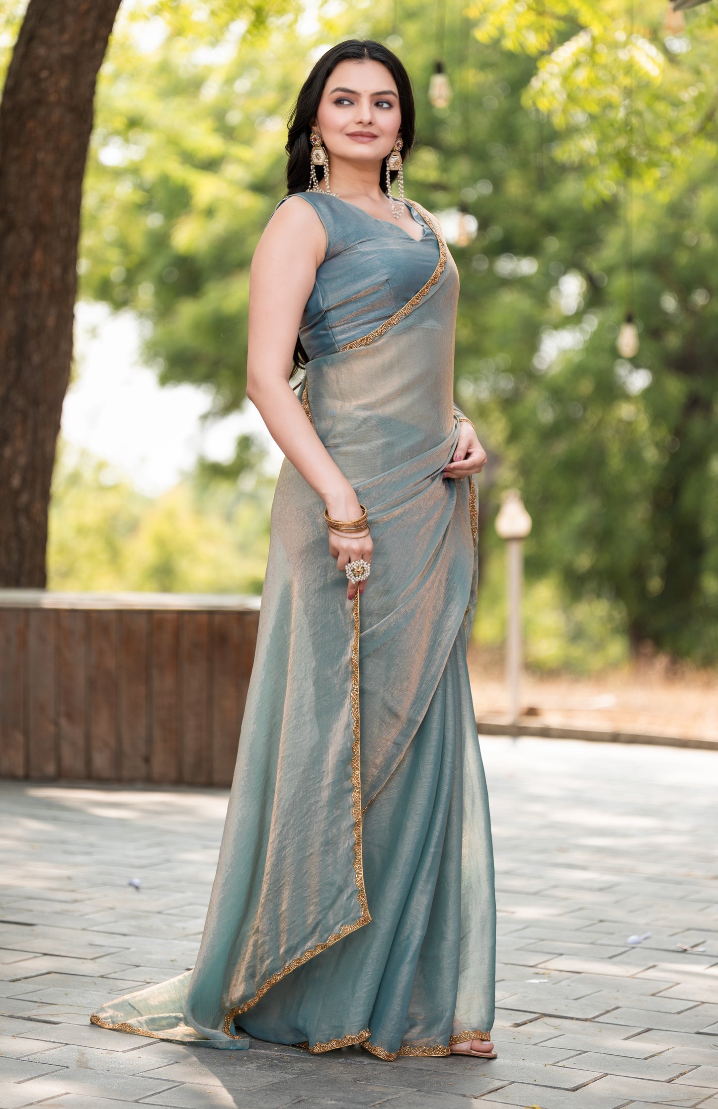 Sky Blue Chiffon Bollywood Saree with Embellished Border