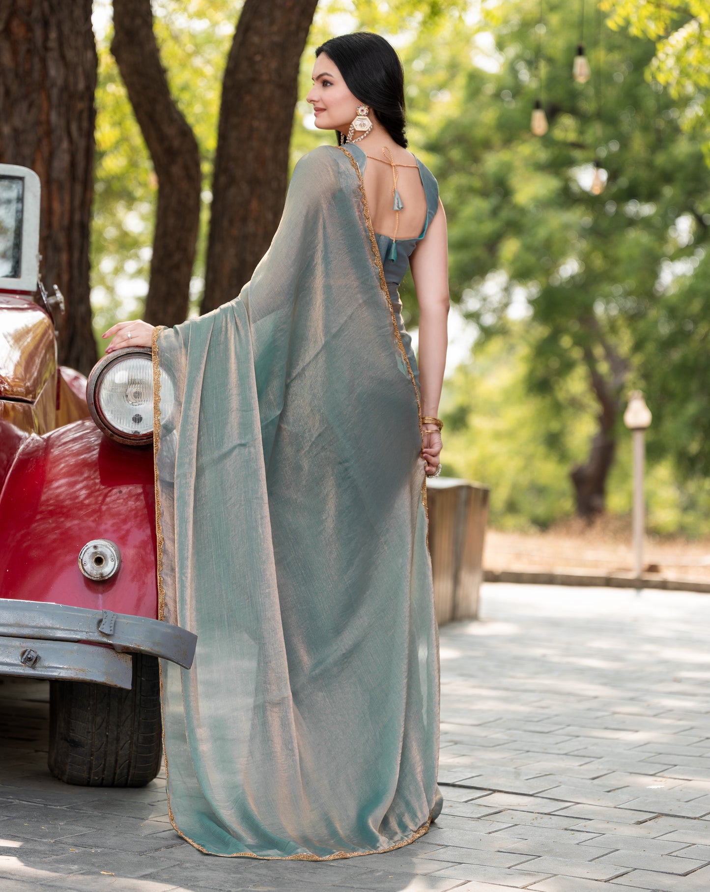 Sky Blue Chiffon Bollywood Saree with Embellished Border