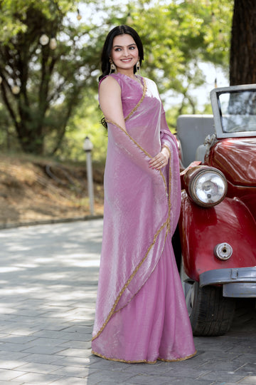 "Lavender Chiffon Bollywood Saree with Embellished Detailing – Available"