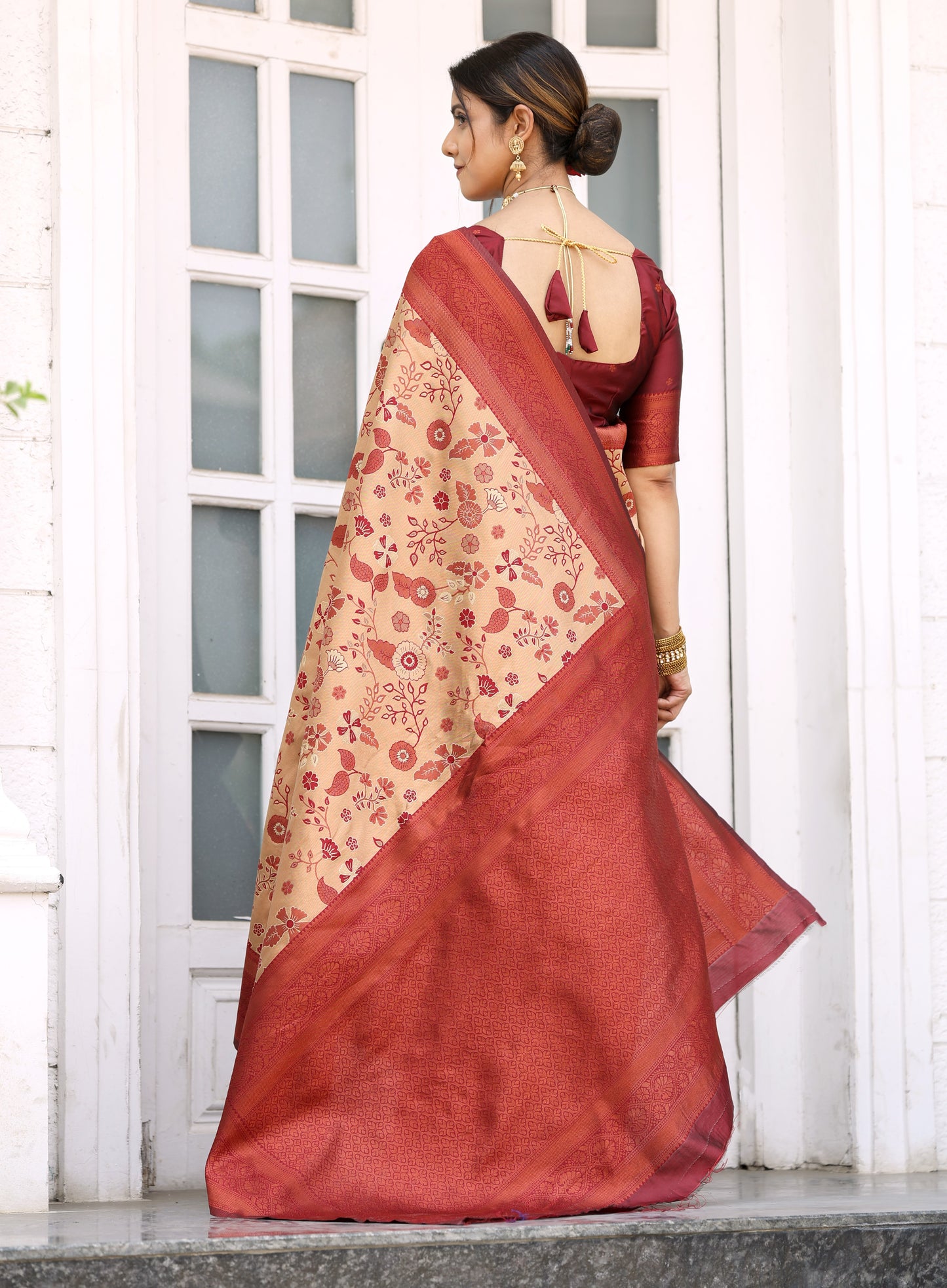 Chiku Maroon Litchi Soft Silk Banarasi Saree with Floral Zari Woven