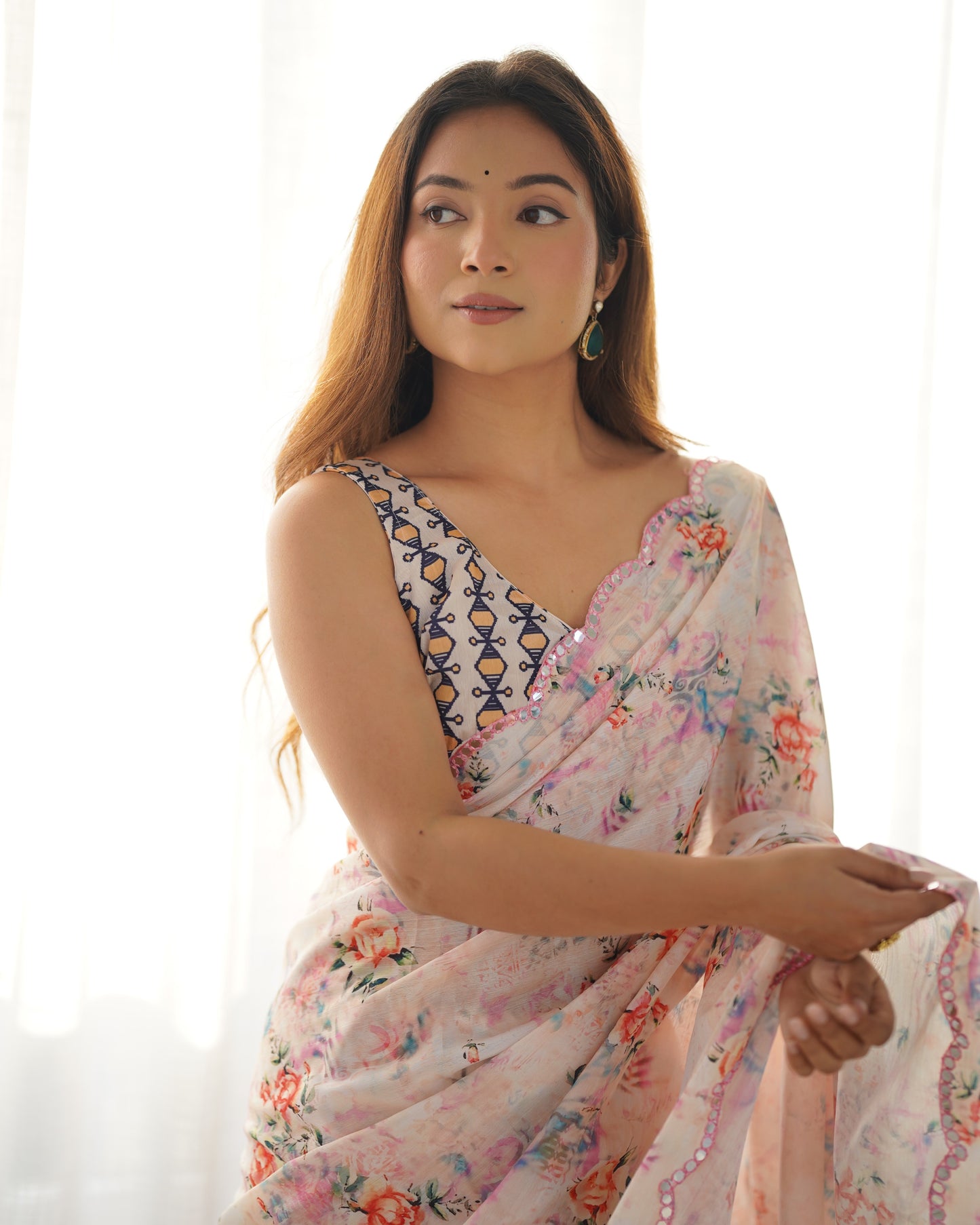Peach Heavy Chinnon Saree with Print and Kutchi Mirror Lace Border