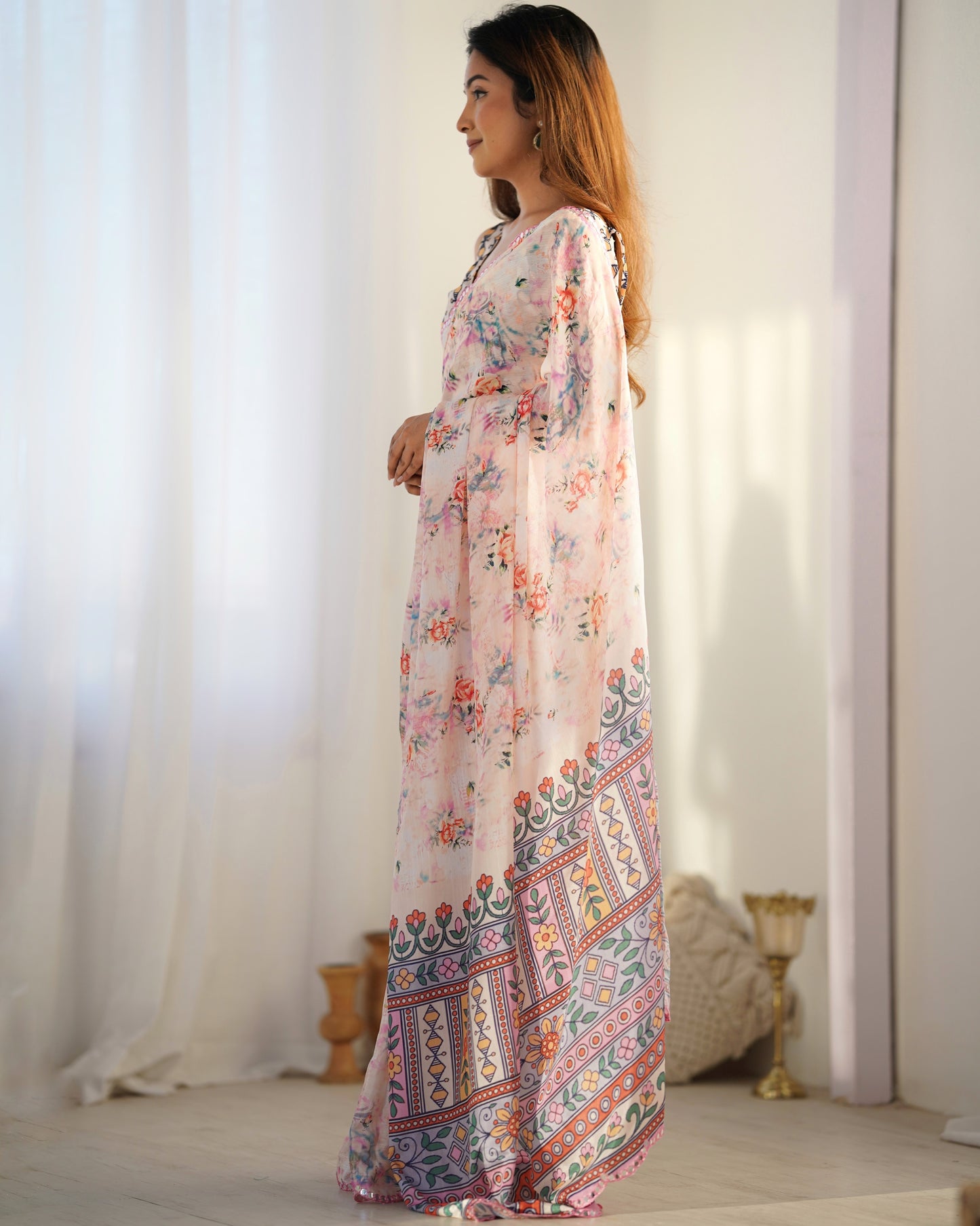 Peach Heavy Chinnon Saree with Print and Kutchi Mirror Lace Border