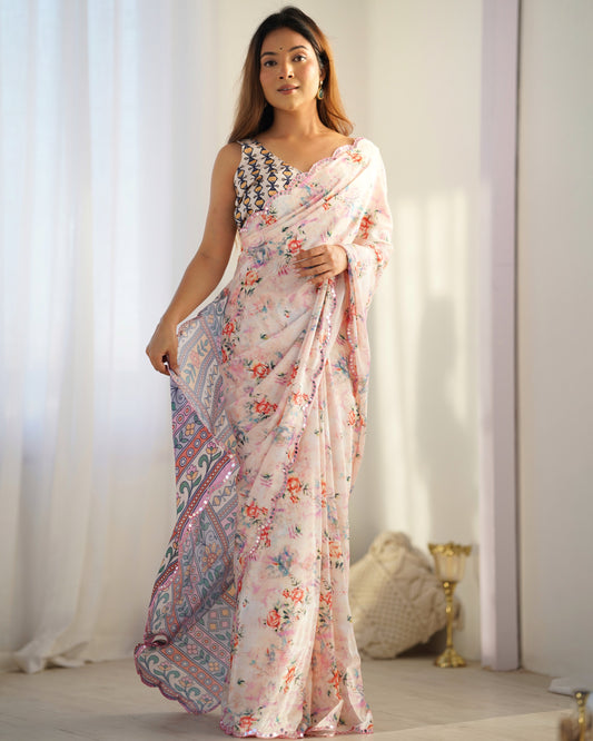 Peach Chinnon Saree with Kutchi Mirror Work and Printed Design – Available