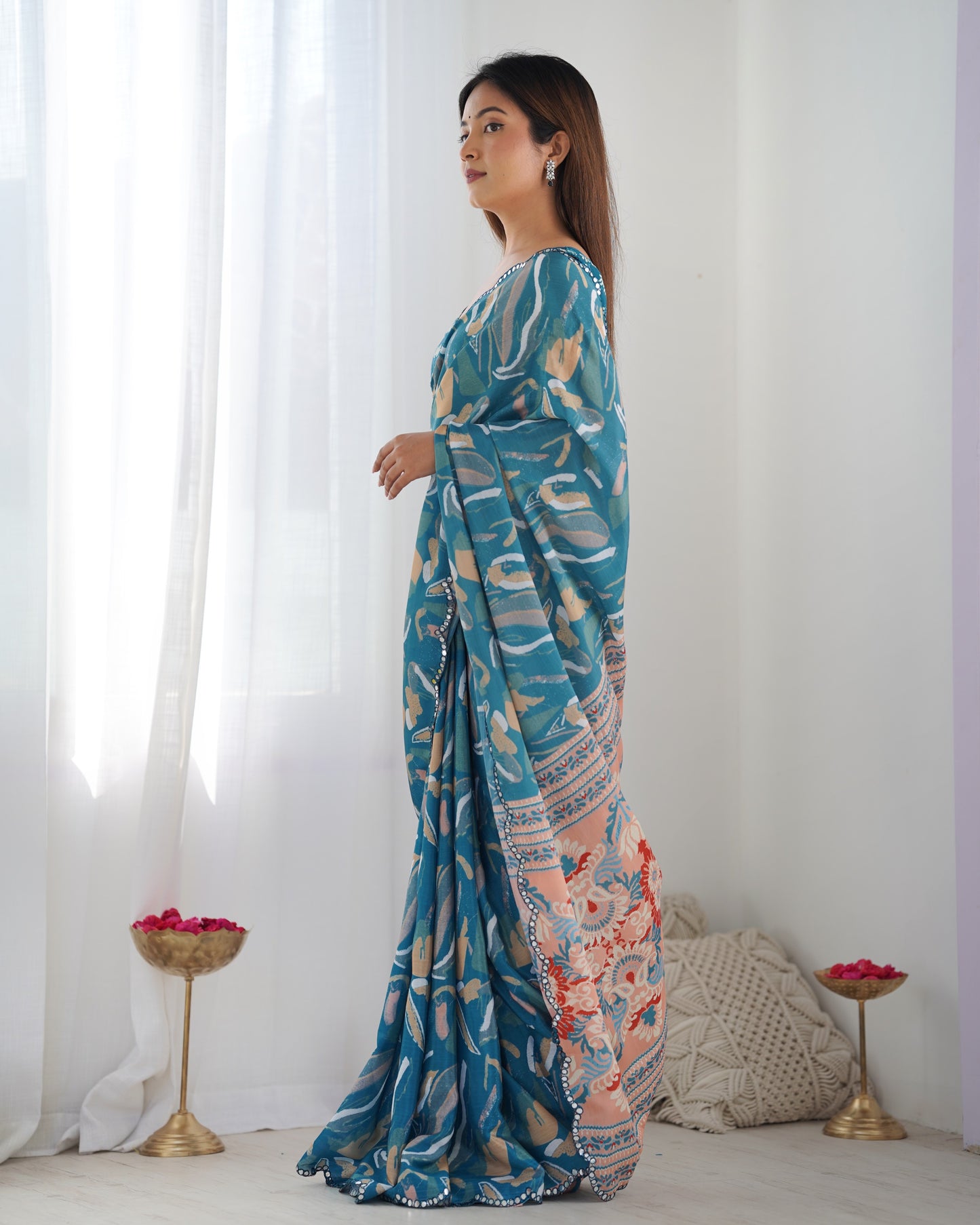 Teal Blue Pure Soft Silk Saree with Elegant Weaving Border