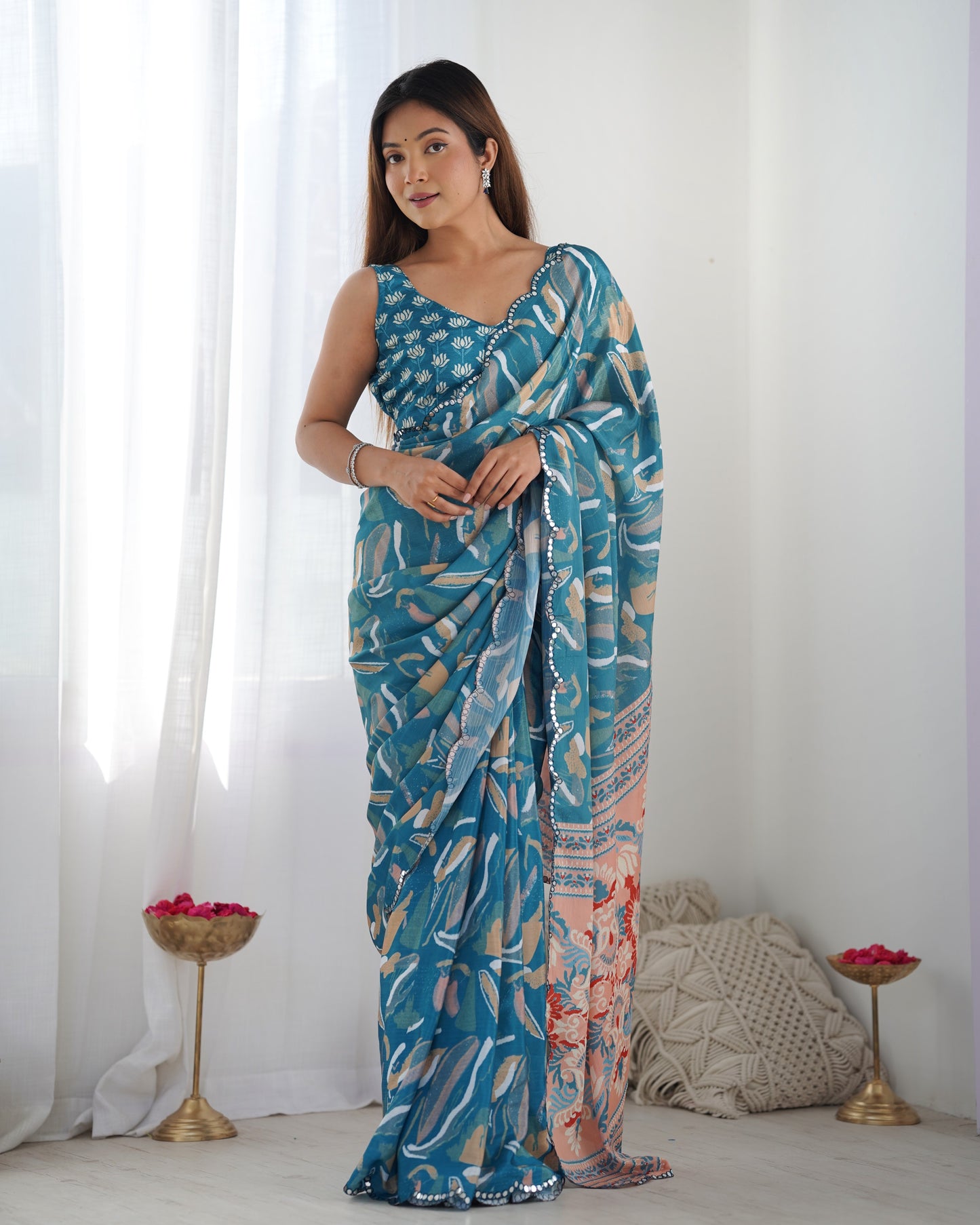 Teal Blue Pure Soft Silk Saree with Elegant Weaving Border