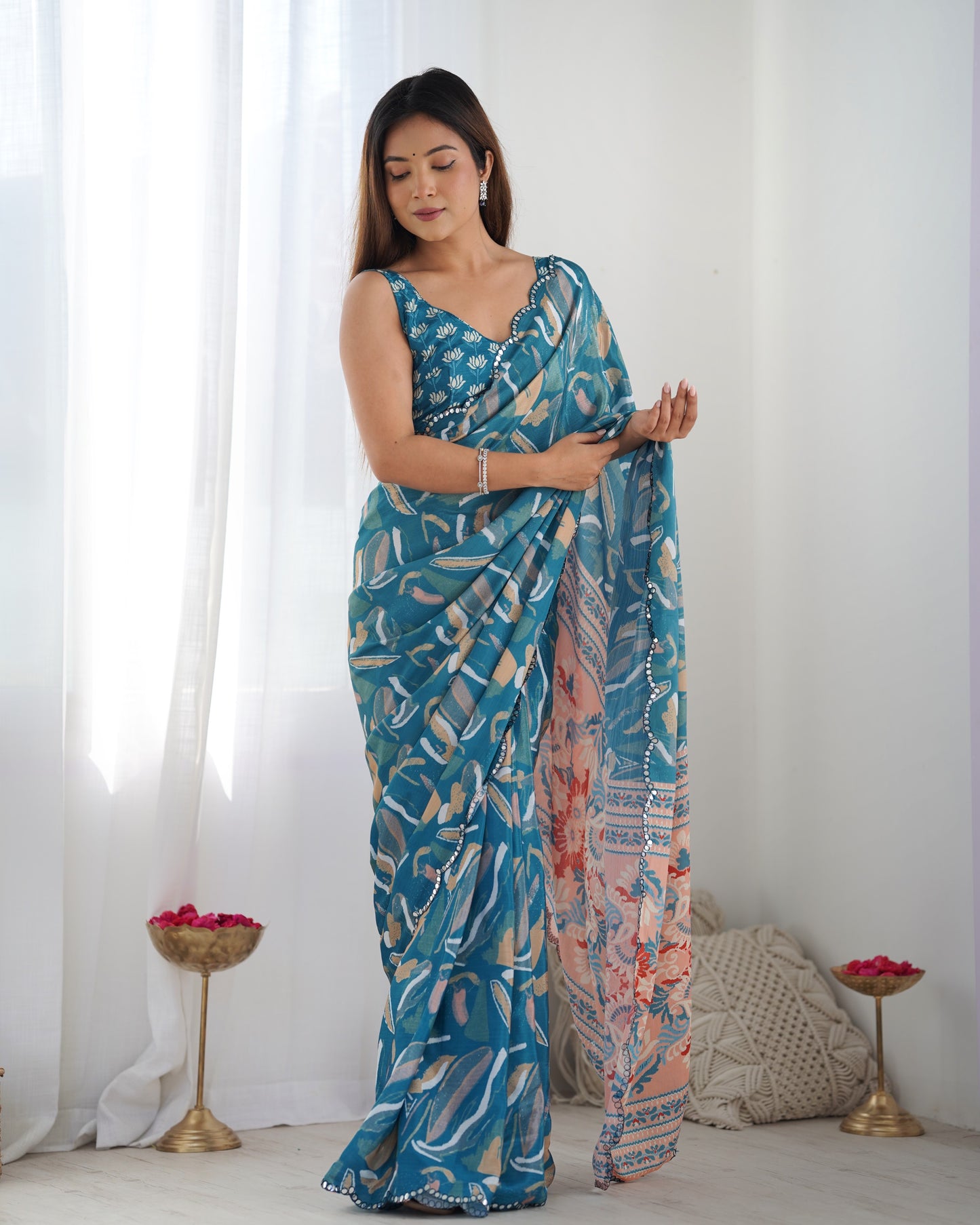 Teal Blue Pure Soft Silk Saree with Elegant Weaving Border