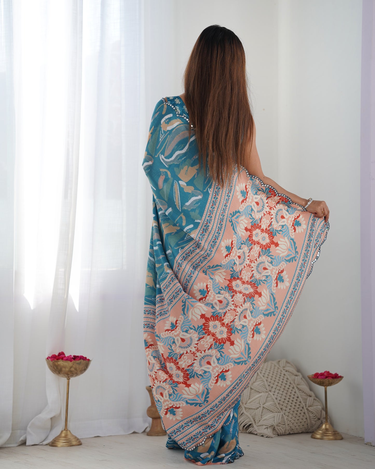 Teal Blue Pure Soft Silk Saree with Elegant Weaving Border