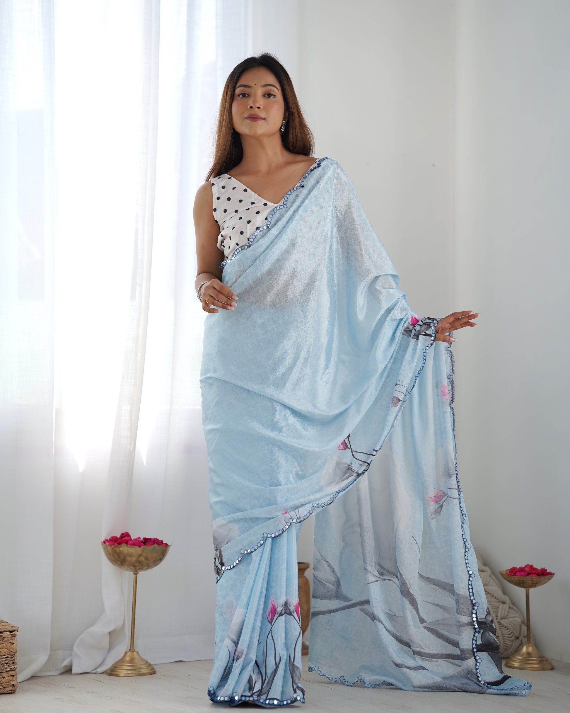 Baby Blue Heavy Chinnon Saree with Kutchi Mirror Work and Print – Available