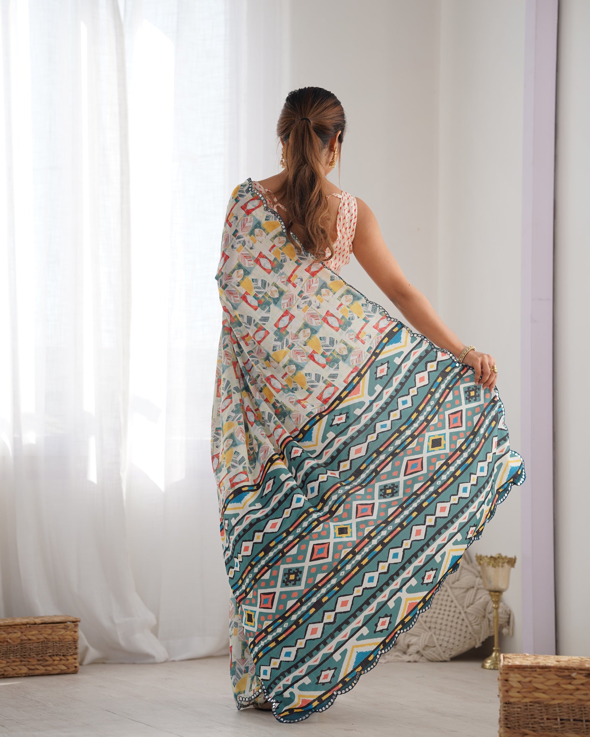 Cream Chinnon Saree with Mirror Work and Printed Detail – Available