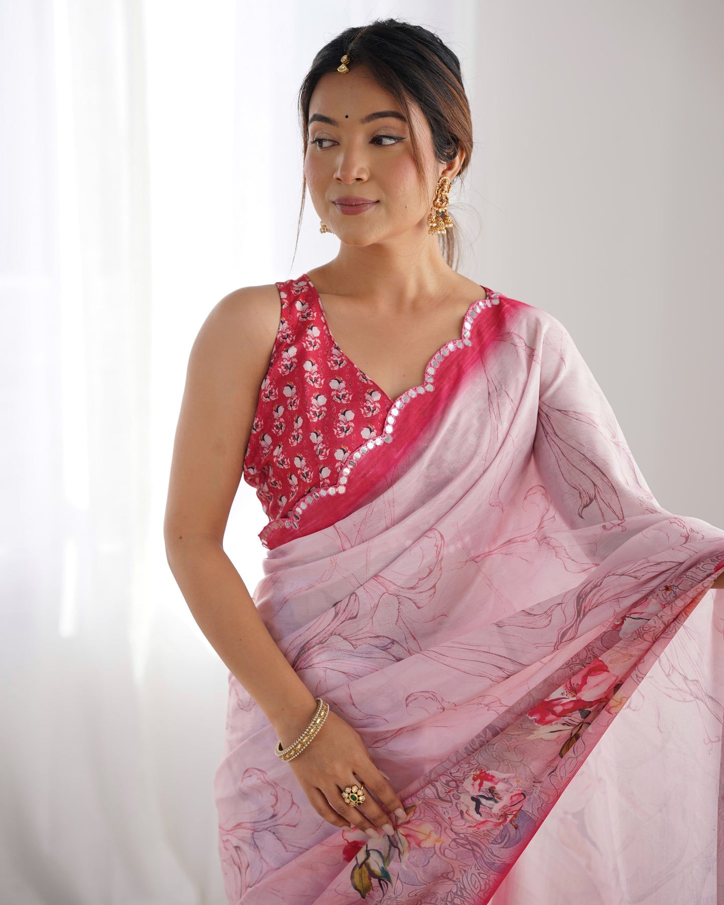 Light Pink Heavy Chinnon Saree with Print and Kutchi Mirror Lace Border