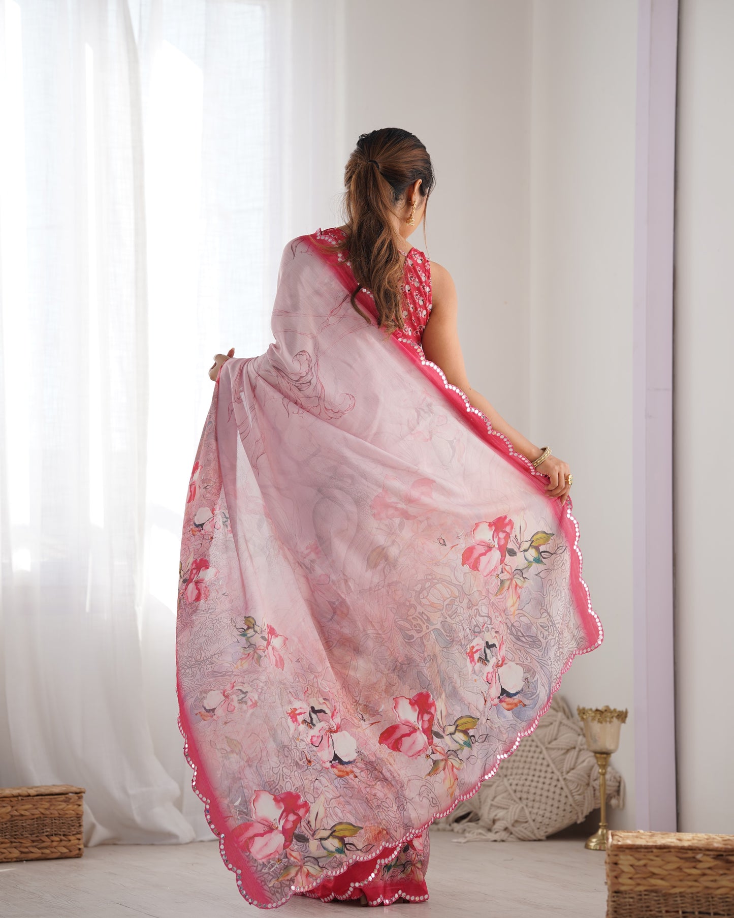 Light Pink Heavy Chinnon Saree with Print and Kutchi Mirror Lace Border