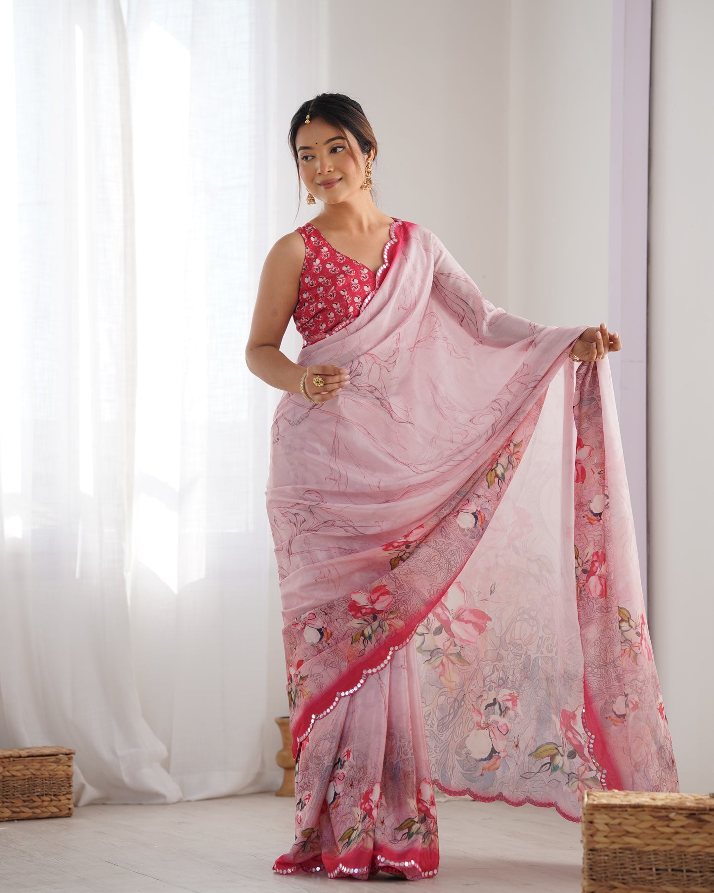 Light Pink Heavy Chinnon Saree with Print and Kutchi Mirror Lace Border