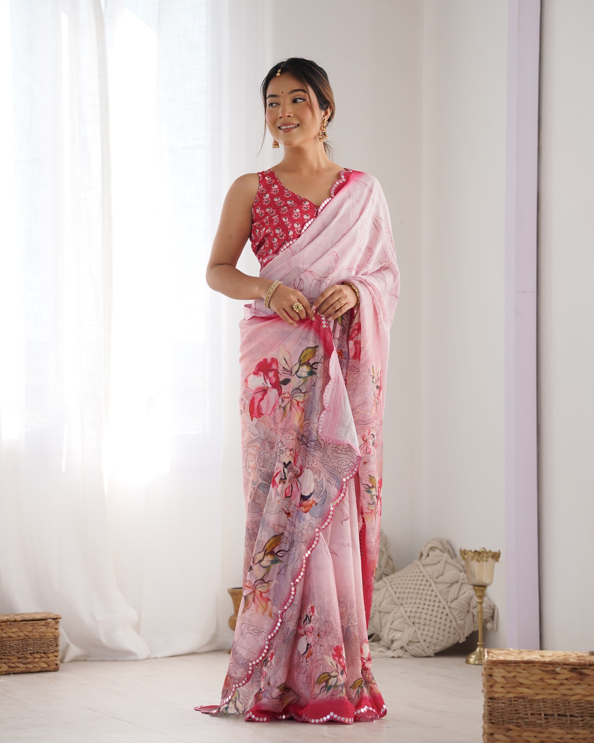 Light Pink Chinnon Saree with Print and Kutchi Mirror Work – Available