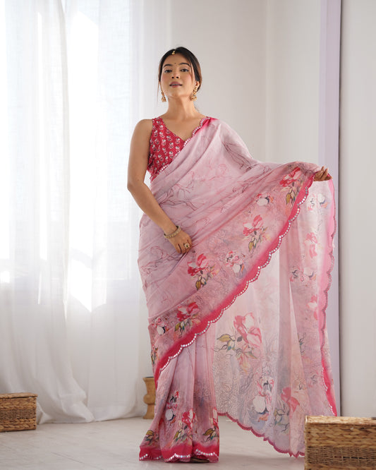 Light Pink Heavy Chinnon Saree with Print and Kutchi Mirror Lace Border